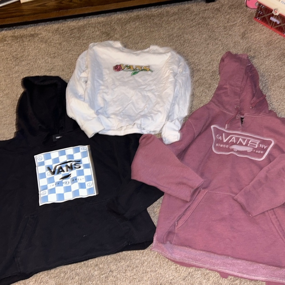 Three cut up Vans shirts to repurpose - need some help lol. 2 sweatshirts 1 tee